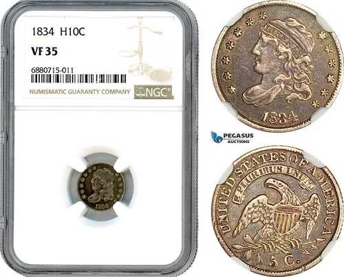 AI947、アメリカ合衆国、リバティキャップハーフダイム（5セント）1834年、NGC VF35