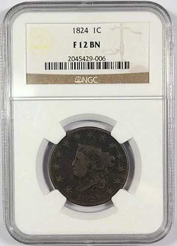 1824年 コロネットヘッド ラージセント 1セント NGC F12 BN