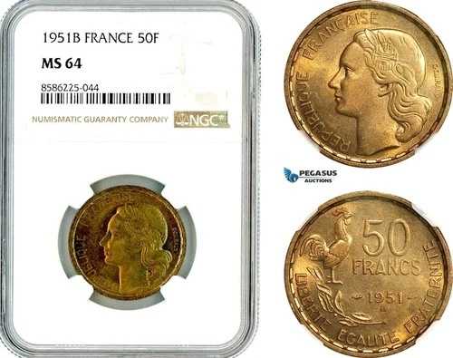 AL323、フランス第四共和政50フラン1951年B、ボーモン・ル・ロジェ造幣局、NGC MS64