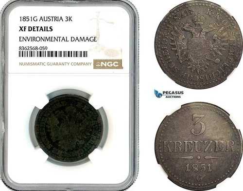AL225、オーストリア、フランツ ヨーゼフ、3 クロイツァー 1851 G、ナジバーニャ (バイア マーレ) 造幣局、NGC