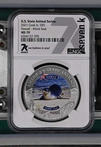 ハワイ州産 モンクシール 1オンス ミント 7777! 7K 金属 2021 S$5 シルバー NGC MS70