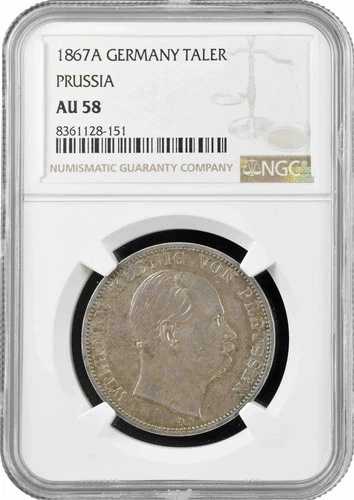 プロイセン 1ターラー 1867 A、NGC AU58、「皇帝ヴィルヘルム1世（1861 - 1888）」銀貨