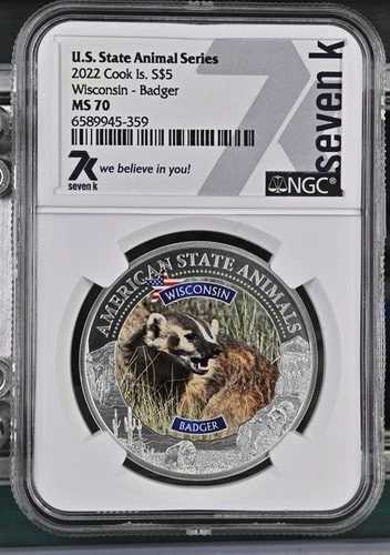 ウィスコンシン州 州獣 アナグマ 1オンス ミント 7777 7K 金属 2022 S$5 シルバー NGC MS70