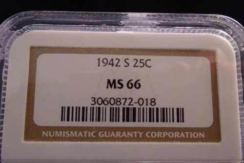 1942-S ワシントン銀貨 25セント NGC MS66