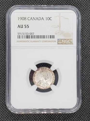 1908年カナダ10セント硬貨 | NGC AU55