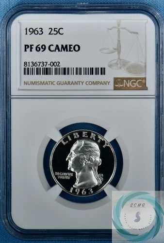 1963 年ワシントン クォーター NGC PF 69 カメオ - とてもフロスティな GW!!!