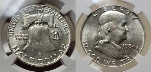 1954年 D フランクリン ハーフダラー 50セント NGC MS 63 リバースストラックスルーミントエラー