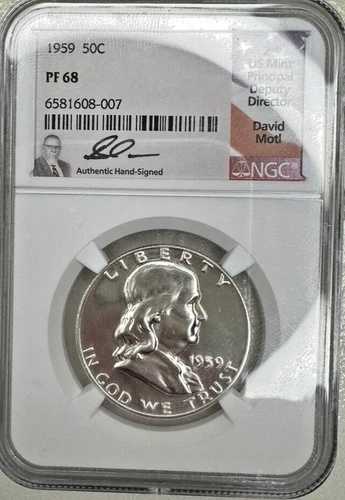 1959年 50セント フランクリン ハーフダラー NGC PF-68 デビッド・モトルのサイン入り