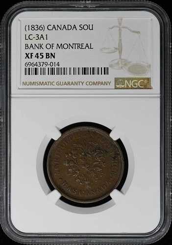 1836年 カナダ LC-3A1 モントリオール銀行 トークン Un SOU NGC XF45BN