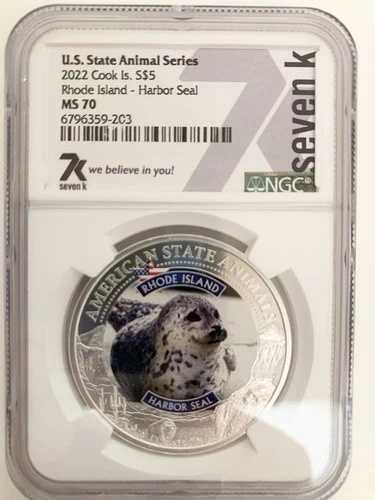 州動物 ロードアイランド HBR シール 1オンス 7777 7K 金属 2022 S$5 シルバー NGC MS70