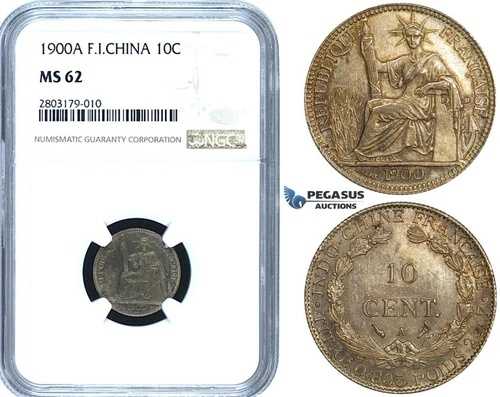 ZE46、フランス領インドシナ、10 サンタイム 1900-A、パリ、シルバー、NGC MS62