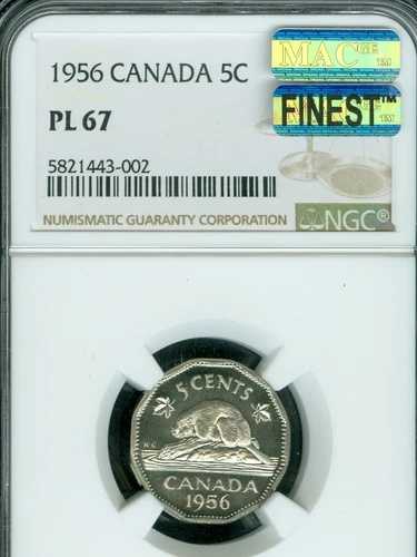 1956年カナダ5セントNGC PL67 MAC最高級MACスポットレスレア。