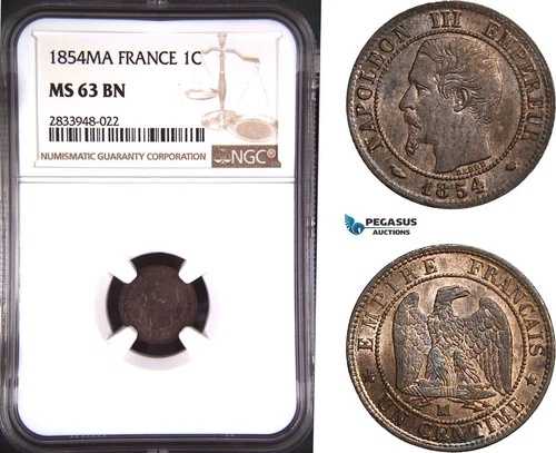 AD838、フランス、ナポレオン 3 世、1 サンティーム 1854-MA、マルセイユ、NGC MS63BN