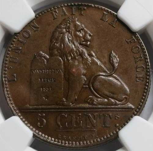 ベルギー 5サンチーム 1848 NGC AU UNC ライオン銅貨 キングレオポルドクラウンの詳細