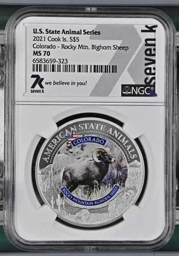 州立動物 コロラド ビッグホーン 1オンス ミント 7777 7K 金属 2021 S$5 シルバー NGC MS70