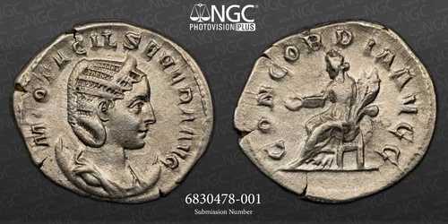 オタシリア セベラ 古代コイン NGC Ch VF。 AR ダブルデナリウス AD 244 ～ 249。 A1306