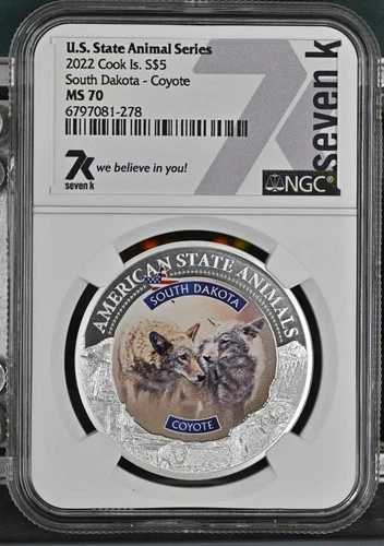 州獣 サウスダコタ州 コヨーテ 1オンス ミント 7777 7K 金属 2022年 5ドル シルバー NGC MS70
