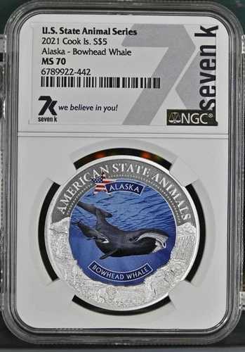 アラスカ州動物 ボウホエール 1オンス ミント 7777 7K 金属 2021 S$5 シルバー NGC MS70