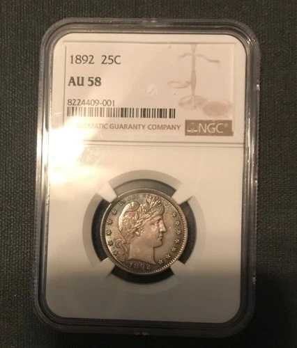 1892 年 バーバー シルバー クォーター NGC AU 58 縁の周りがレインボー トーン 素敵!!