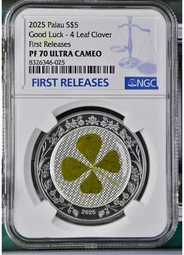 2025年 パラオ 1オンス シルバー 5ドル 四つ葉のクローバー オンス・オブ・ラック プルーフ NGC 70 FR
