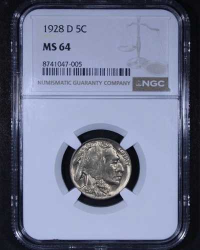 1928-D バッファロー ニッケル - 5 セント NGC MS64 - タフ コイン!