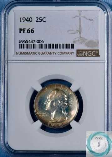 1940 年ワシントン クォーター NGC PF 66 - 琥珀色、金色、トルコ石!