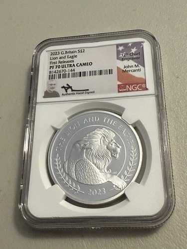 2023年 2ポンド 英国 1オンス 銀貨 ライオ??ンと鷲 NGC PF70 UCAM FR MERCANTI サイン入り 58,685円