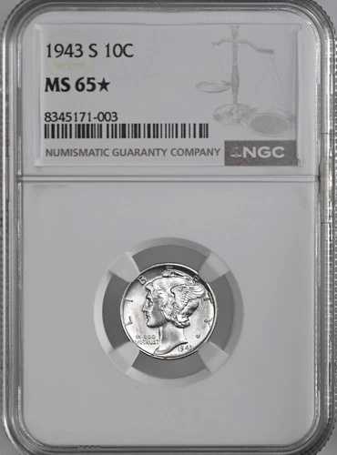 1943-S 10セント マーキュリー シルバー ダイム ☆NGC スターグレード☆ NGC MS65☆ #8345171-003