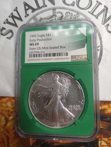1992年 アメリカン・シルバー・イーグル 初期生産 NGC MS-69、グリーンコア E185-95