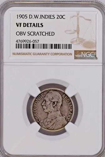 1905年 デンマーク領西インド諸島 .800 銀貨 20セント NGC VF 20C KM#79 非常に良好な状態