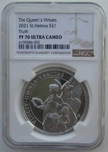 NGC PF70 イギリス セントヘレナ 2021年 女王の美徳 真実 銀貨 1オンス