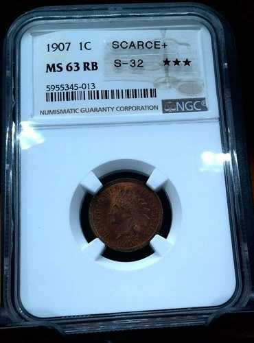 1907 インディアン ヘッド セント 1 セント - NGC MS63RB - +希少+ スノー 32 錆びダイ - RB ??美品!
