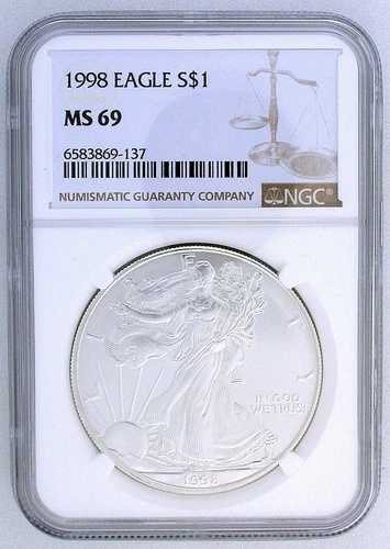 1998年アメリカンシルバーイーグル - NGC MS69 ブラウンラベル