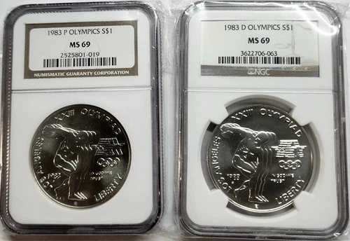 1983年オリンピック シルバードル UNC. セット P & D NGC 両方 MS-69 (2枚)