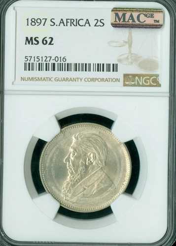 1897年 南アフリカ 2シリング NGC MS62 PQ MAC スポットレス 希少 *