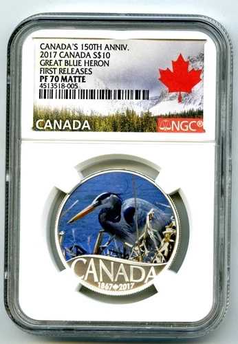 2017年 10ドル カナダ 150周年記念 シルバープルーフ NGC PF70 初公開 オオアオサギ