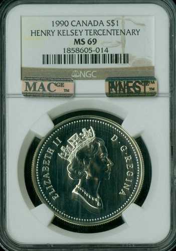 1990年カナダドル銀貨 NGC MS69 PQ MAC FINESTグレード スポットレス *