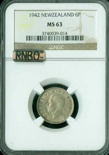 1942年 ニュージーランド 6ペンス 6P NGC MS63 MAC RNBO RAINOW 非常に希少 *