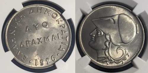ギリシャ 1926年 2ドラクマ NGC MS65 GEM UNC KM# 70 NGC #2412