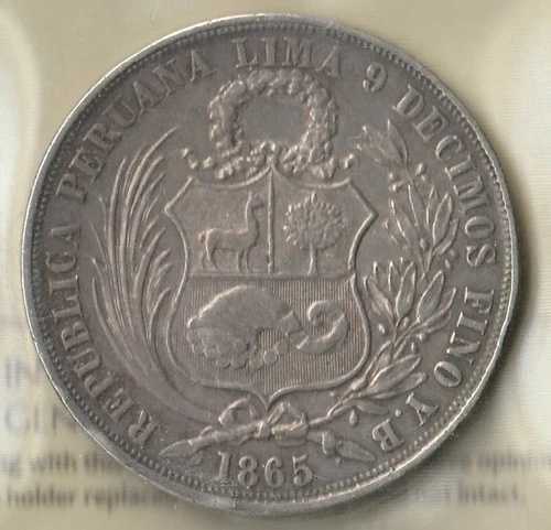 1865年ペルー1ソルY.B-90%AG-ICCS: VF-30?巨大で色調豊かでエキゾチックなワールドコイン?
