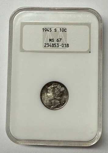 1945-S NGC MS67 トーン加工 未流通シルバー マーキュリーダイム オールドファッティホルダー