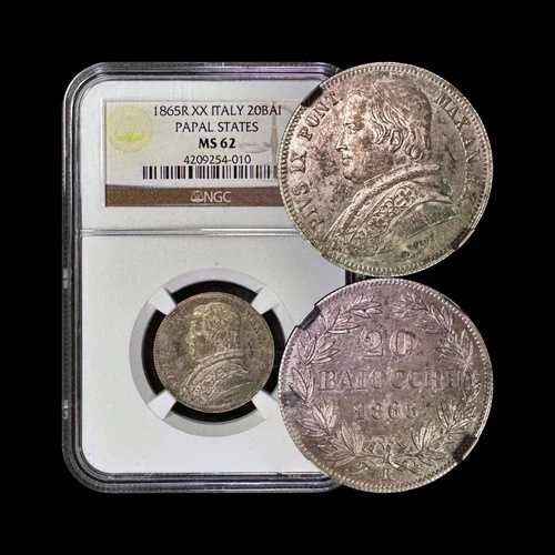 イタリア。 1865、20 バイオッキ、シルバー、R - NGC MS62 - 教皇領、ピウス 9 世、ローマ XX