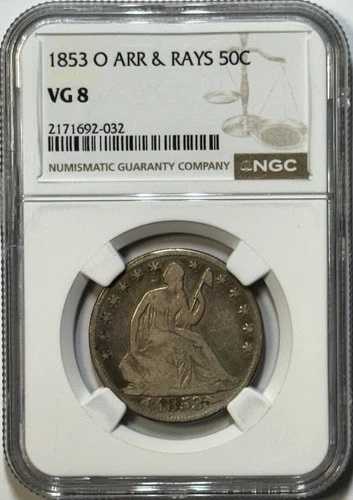 1853-O 着席自由の女神像 ハーフドル 50セント ? 矢と光線 ? NGC VG8 ? ニューオーリンズ