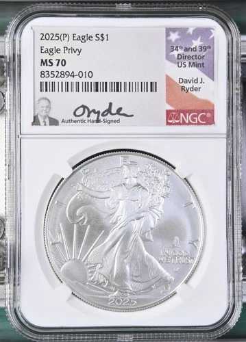 2025年 (P) イーグル・プリヴィ・マーク・シルバー・イーグル NGC MS70 - デビッド・J・ライダー署名ラベル｜WORLD RESOURCE【QUEEN店】