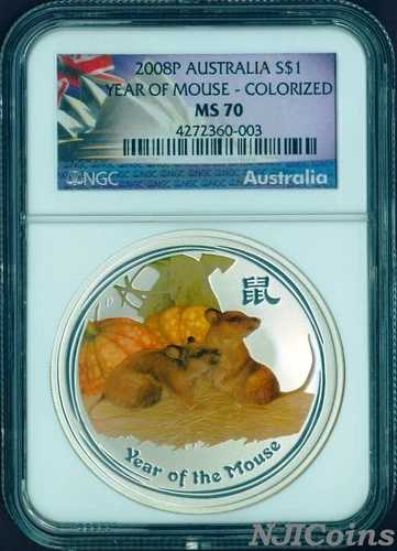 パーフェクト 2008 P オーストラリア ネズミ年 カラー化 1オンス 地金コイン NGC MS70