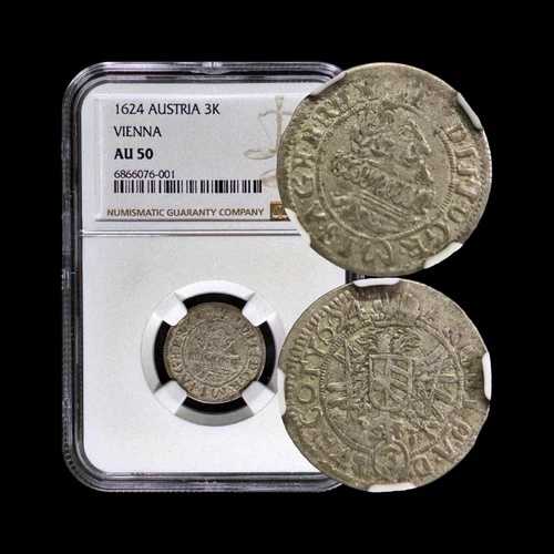 オーストリア。1624年、3クロイツァー、銀 - NGC AU50 - トップポップ?? フェルディナント2世、フリル付き