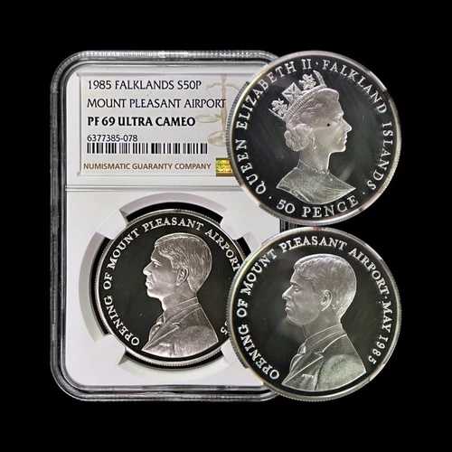 フォークランド諸島。1985年、50ペンス、銀貨 - NGC PF69 - トップポップ??空港、アンドリュー｜WORLD RESOURCE【QUEEN店】
