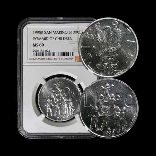 サンマリノ。1995年、1000リラ、銀貨 - NGC MS69 - トップポップ?? 子供のピラミッド｜WORLD RESOURCE【QUEEN店】