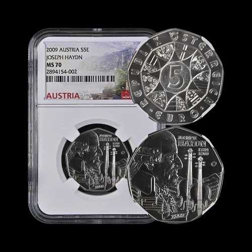オーストリア。2009年、5ユーロ、シルバー - NGC MS70 - トップポップ ?? ジョセフ・ハイドン FrD