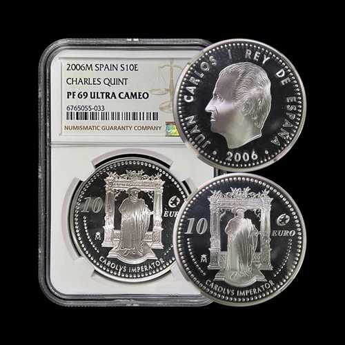 スペイン。2006年、10ユーロ、銀貨 - NGC PF69 - 皇帝カール5世、カルロス1世